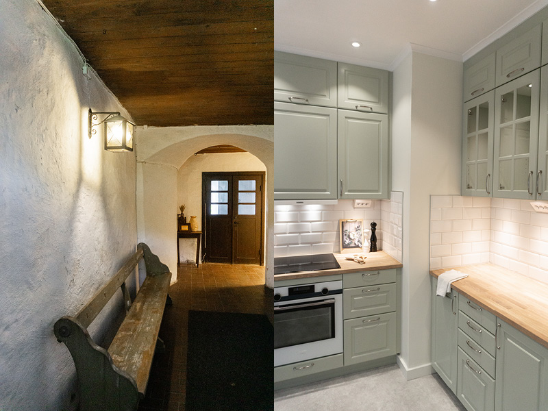 nomenu Bild på en lantlig hall med träbänk och en modern köksinteriör med gröna skåp och vita kakelplattor.