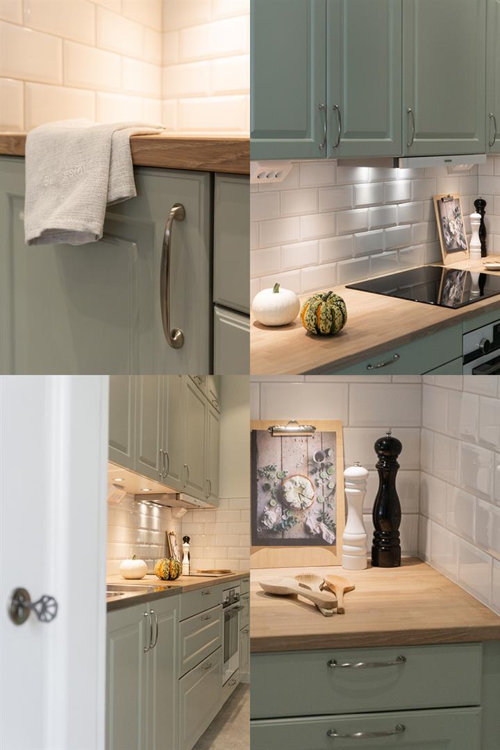 nomenu Fyra bilder från ett modernt kök med gröna skåp, träbänkskivor och vita kakelplattor.