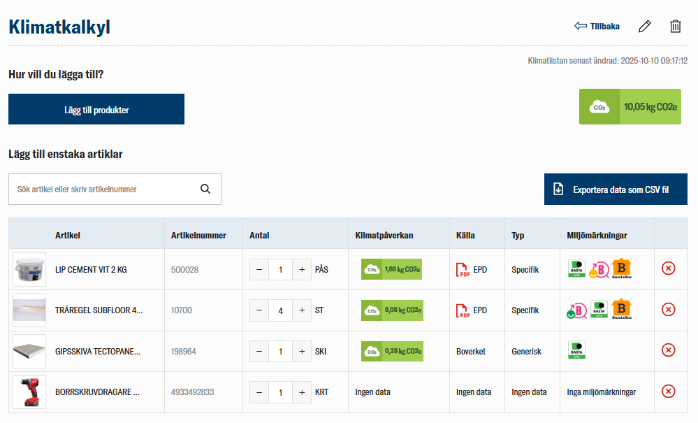 Klimatkalkyl hos Fellessons som visar byggprodukters klimatpåverkan, källa och miljömärkningar.