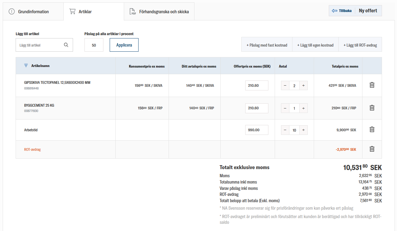 Offertverktyg hos Fellessons som visar produkter, pris, påslag och ROT-avdrag.