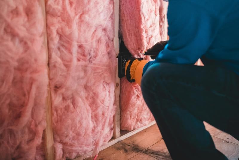 Hantverkare arbetar med elinstallation vid vägg isolerad med rosa glasull för bättre energieffektivitet.