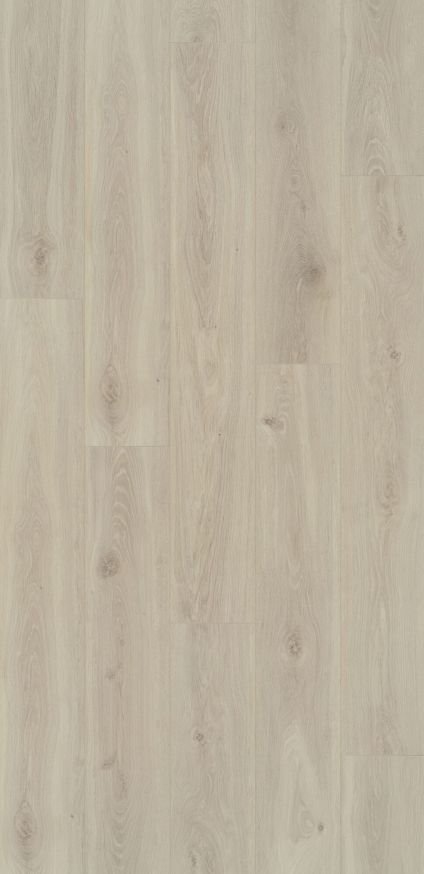 Laminatgolv i en ljus sandfärgad design med träådring och subtila knastar.