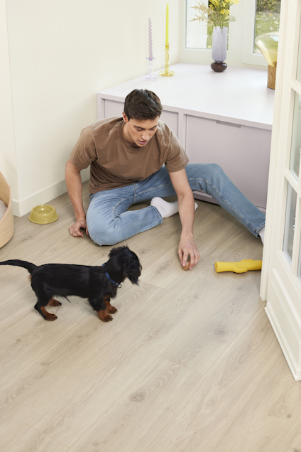 En person sitter på golvet och leker med en svart och brun hund i ett ljust rum.