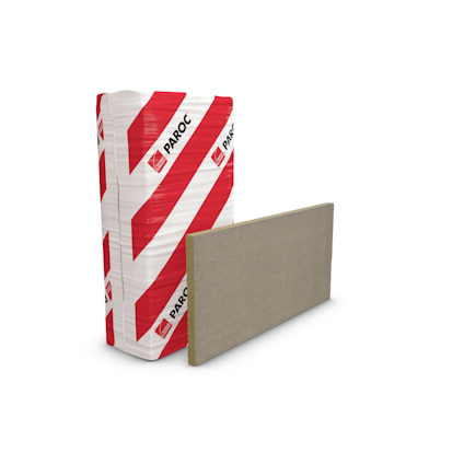 Förpackning och en skiva av isoleringsmaterial med PAROC-logotyp och röda diagonala ränder.