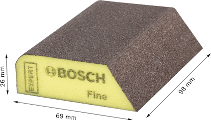 Slipkloss med mått: 98 mm x 69 mm x 26 mm; text: "◉ BOSH, Fine".