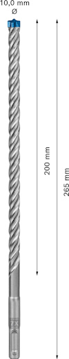 Borr i metall med spiralstruktur. Text visar längdmått: 200 mm och 285 mm, samt diameter: 10,0 mm.