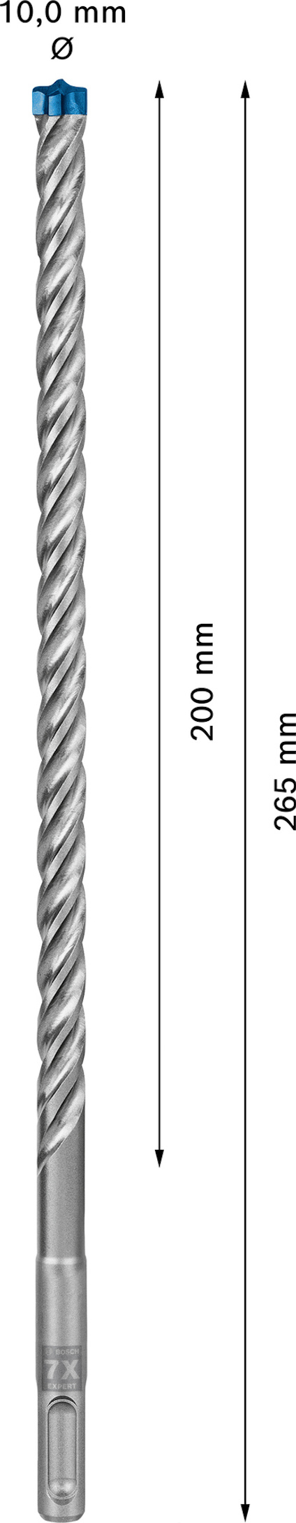 Borr i metall med spiralstruktur. Text visar längdmått: 200 mm och 285 mm, samt diameter: 10,0 mm.