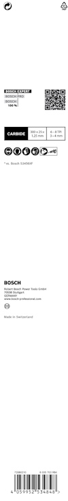 Förpackning till Bosch EasyCut&Grind. Innehåller Bosch-logotypen, QR-kod och CE-märkning. Tekniska specifikationer syns också.