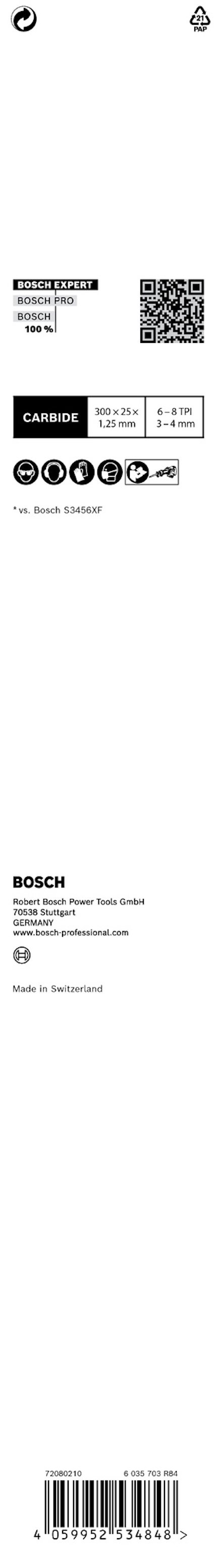 Förpackning till Bosch EasyCut&Grind. Innehåller Bosch-logotypen, QR-kod och CE-märkning. Tekniska specifikationer syns också.