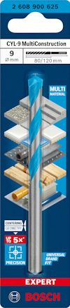 Förpackning med Bosch borr CYL-9 MultiConstruction, 9 mm, 80/120 mm, för olika material.