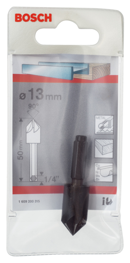 Förpackning med Bosch försänkare, 13 mm, 90 grader, för trä, plast och metall.