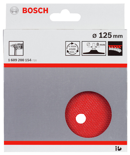 Förpackning med Bosch sliprondell, diameter 125 mm, max 4500/min, håldiameter 8 mm, röd.