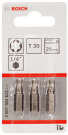 Förpackning med tre Bosch-bits T30, 25 mm, 1/4", artikelnummer 2607001622.