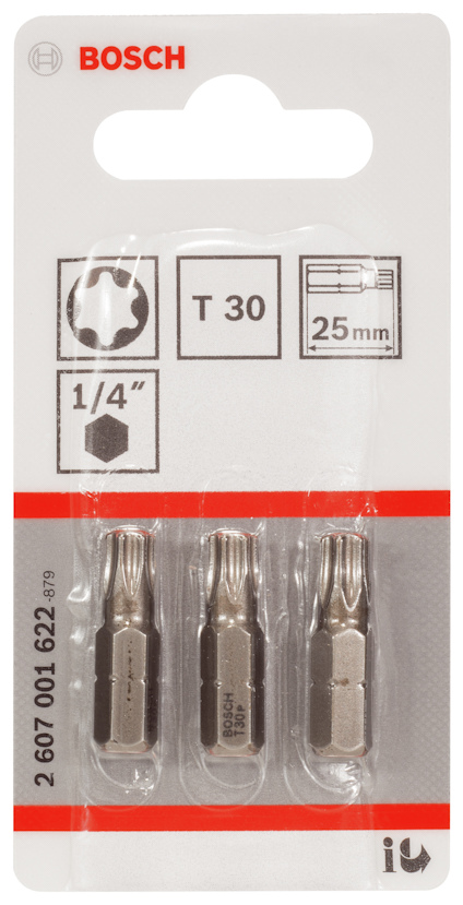 Förpackning med tre Bosch-bits T30, 25 mm, 1/4", artikelnummer 2607001622.