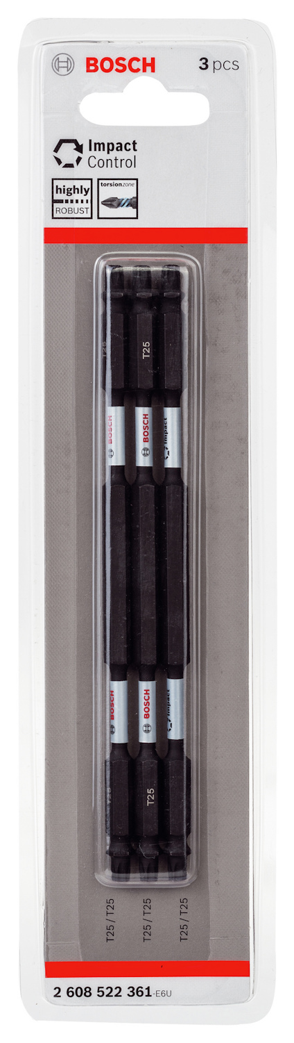 Förpackning med tre Bosch bits, sort 75 mm, Impact Control.