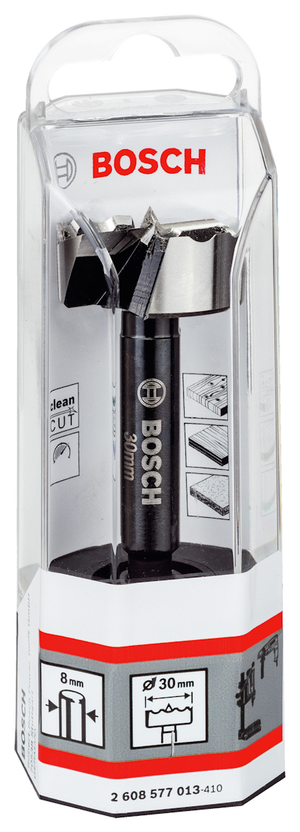 Forstnerborr från Bosch i transparent förpackning, diameter 30 mm, med märket Bosch och texten "2 608 577 013-410".