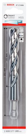 Borr från Bosch, 12 mm, längd 131,5 mm, Impact Control HSS. Art.nr: 2 608 577 065. Förpackningens text och bild.