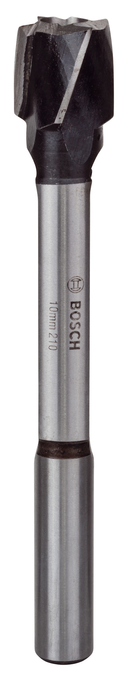Metallisk tappborr med skärspets och bokstaven "BOSCH" samt några siffror tryckta på skaftet.