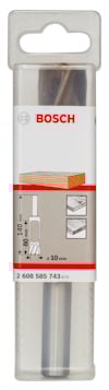 Förpackning med Bosch-verktyg, illustrationer av träbearbetning och text "2 608 585 743" och "+10 mm".