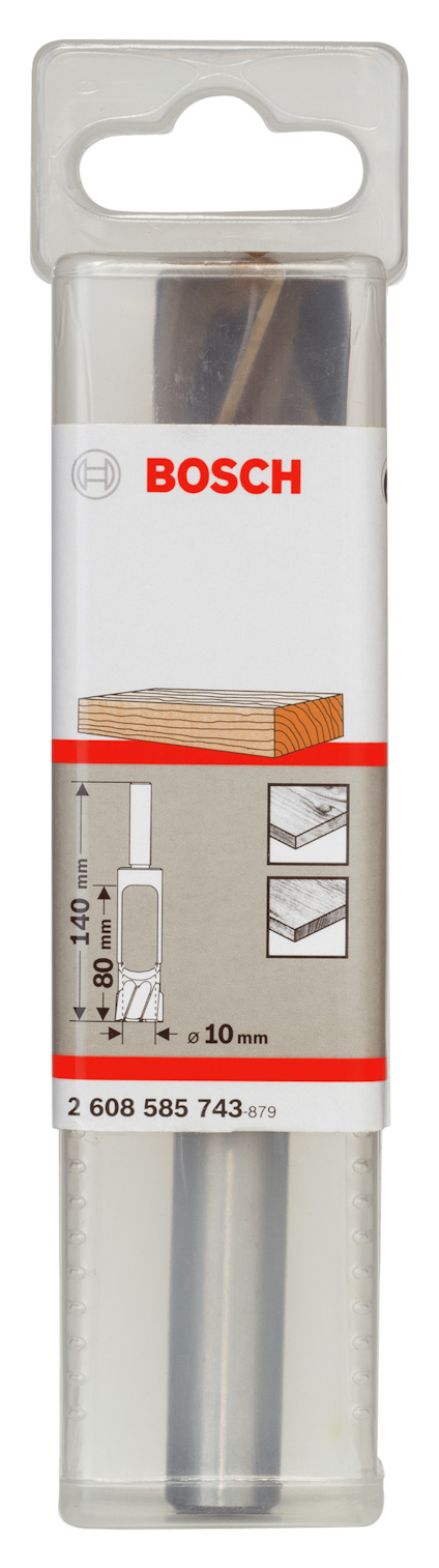 Förpackning med Bosch-verktyg, illustrationer av träbearbetning och text "2 608 585 743" och "+10 mm".