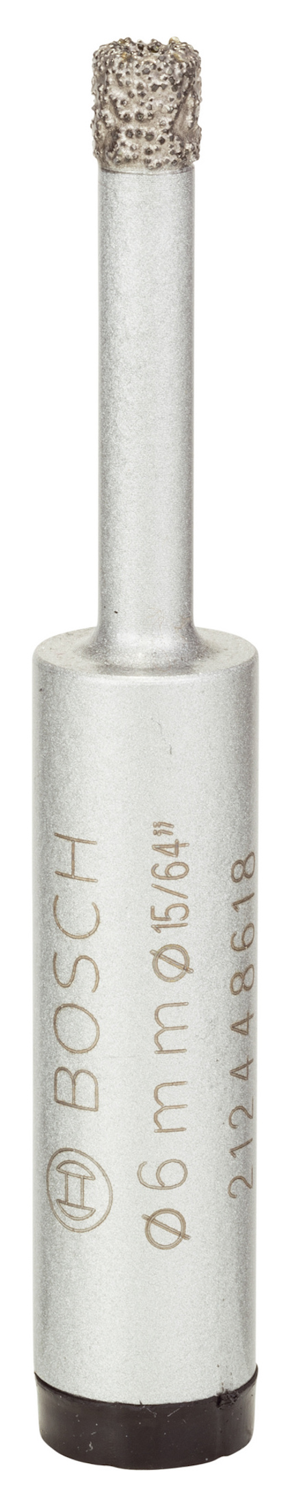 Metalliskt borr med diamantbelagd spets och texten "BOSCH" på sidan. Grön och svart detalj längst ner.