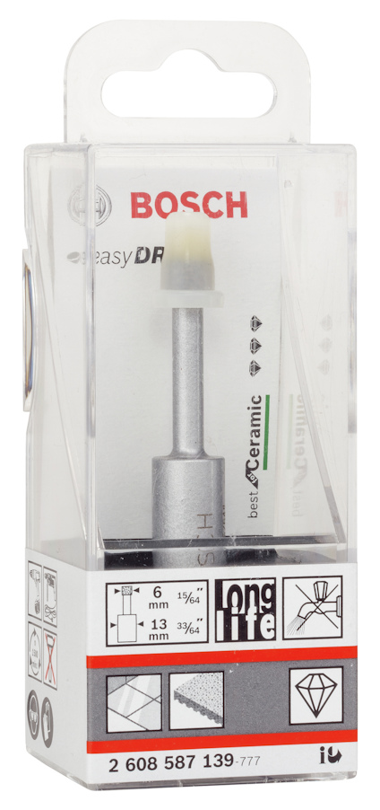Förpackning med Bosch borrspets 6 mm, lämplig för keramik och lång livslängd. Art.nr: 2 608 587 139.