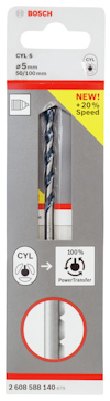 Förpackning med en Bosch CYL-5 borr, 5 mm x 50/100 mm, med etiketter om ökad hastighet och PowerTransfer-funktion.