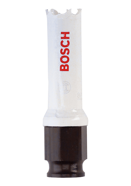 Hålsåg med vitt skaft och tandad kant, märkt "BOSCH" i rött, fäst vid en svart bas.