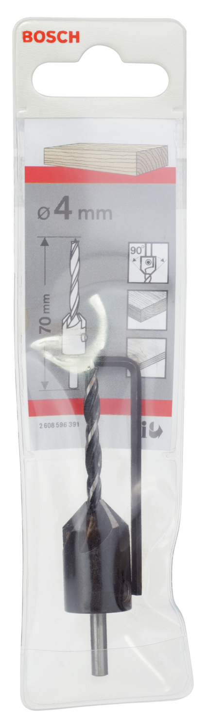 Förpackning med Bosch 4 mm borr och borrstopp, visas med illustrationer för användning.