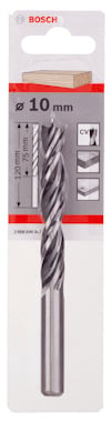 Förpackning med Bosch borr 10 mm, silverfärgad spiraldesign, för träbearbetning.