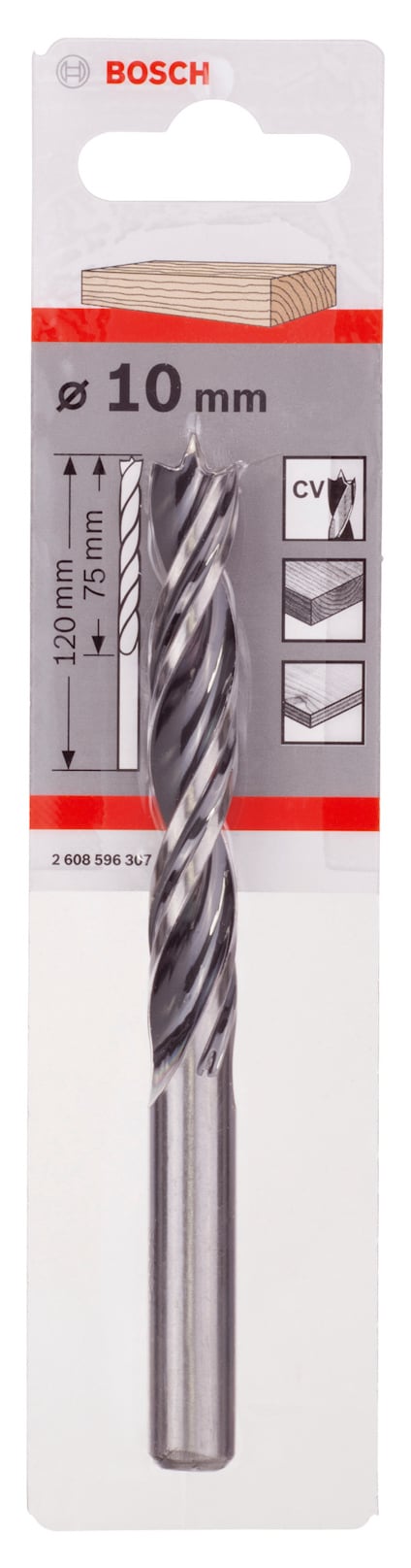 Förpackning med Bosch borr 10 mm, silverfärgad spiraldesign, för träbearbetning.