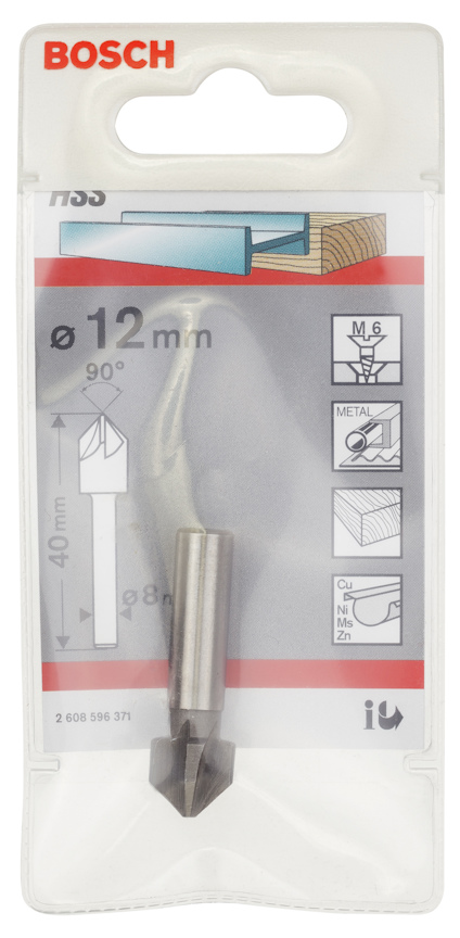 Förpackning med Bosch försänkare 12 mm, lämplig för trä, metall och plast.