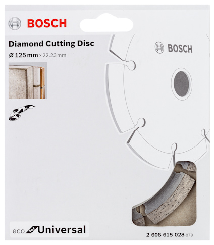 Förpackning av Bosch diamantkapskiva 125 mm x 22,23 mm för universalanvändning.
