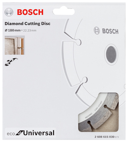 Förpackning för Bosch diamantklinga, 180 mm x 22,23 mm, eco Universal, med bild av skärverktyget.
