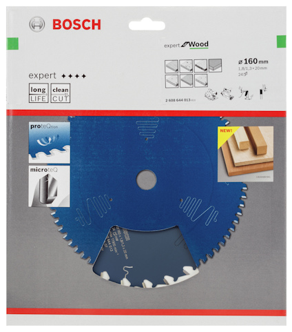 Förpackning med Bosch sågklinga för trä, expert-serie, ø 160 mm, med varaktighet- och renhetsikon.