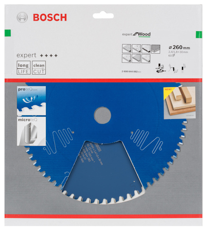 Cirkelsågblad, Bosch expert för trä, 260 mm, blå färg i förpackning.