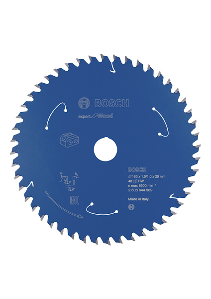 Cirkelsågklinga i blått, med varumärket "BOSCH" och text på framsidan.