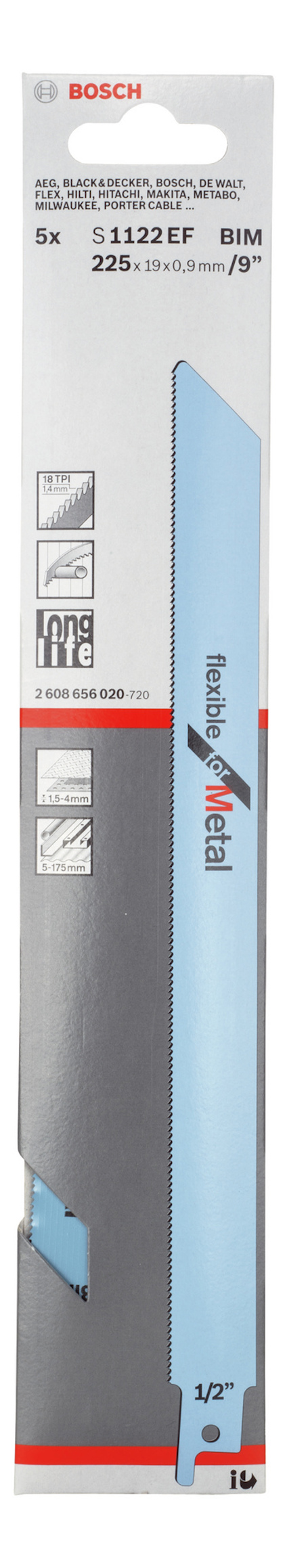 Förpackning av Bosch sågblad S 1122 EF för metall, 5-pack, 225 mm, med ikoner och text på framsidan.