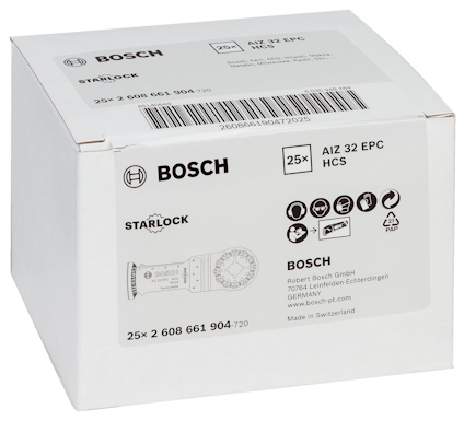 Vit förpackning med Bosch Starlock-blad. Texter inkluderar produktinformation och kontaktuppgifter. 25 bladen.