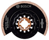 Halvcirkelformat sågblad med text: "BOSCH", "ACZ70 RT5 Carbide Grout Abrasive", "STARLOCK". Brunt centrum och tandad ytterkant.