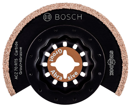 Halvcirkelformat sågblad med text: "BOSCH", "ACZ70 RT5 Carbide Grout Abrasive", "STARLOCK". Brunt centrum och tandad ytterkant.