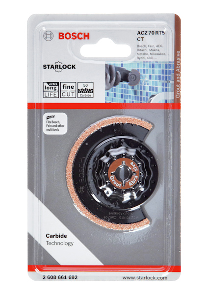 Förpackning med BOSCH Starlock ACZ 70 RT5 CT sågblad, med karbidteknologi för lång livslängd och fin kapning.
