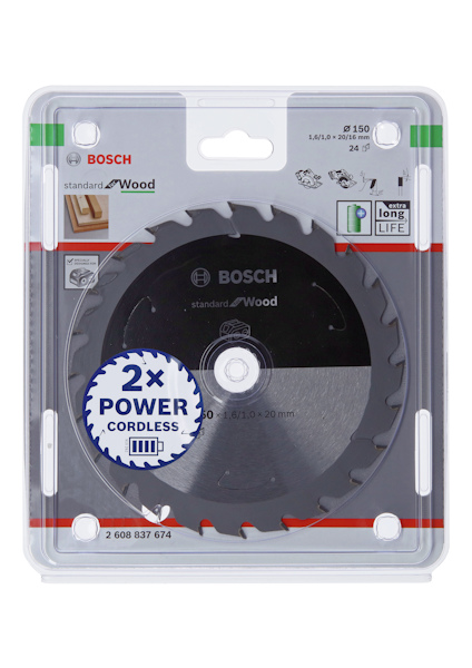 Cirkelsågklinga i förpackning. Märke: Bosch. Modell: Standard for Wood. Diameter: 150 mm. 24 tänder.