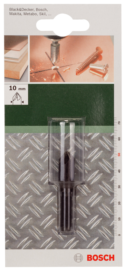 Förpackning med Bosch borrstål 10 mm, avbildningar av borrning och skruv.