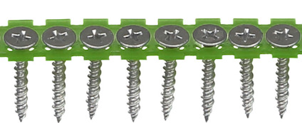 Bandade gipsskruvar med kombihuvud och stjärnformat spår, monterade i ett grönt plastband.