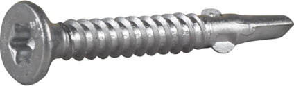 Försänkt skruv med TX25-spår och borrspets i metall.