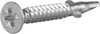Metallskruv med försänkt huvud och korsspår, gängad längs skaftet.