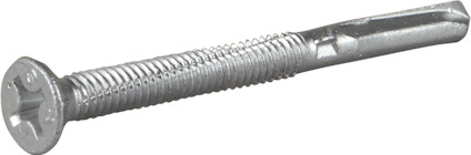 Metallskruv med korsspårhuvud och delvis gängad kropp, vit bakgrund.