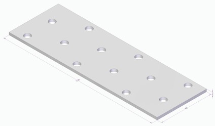 Rektangulär metallplåt med 12 hål i fyra rader. Måtten är 160x60 mm.