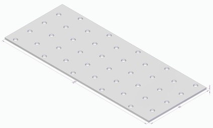 Rektangulär metallplatta med runda hål och markerade mått på sidorna.